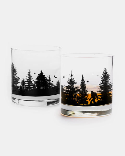 Bigfoot in the forest whiskey glasses 1