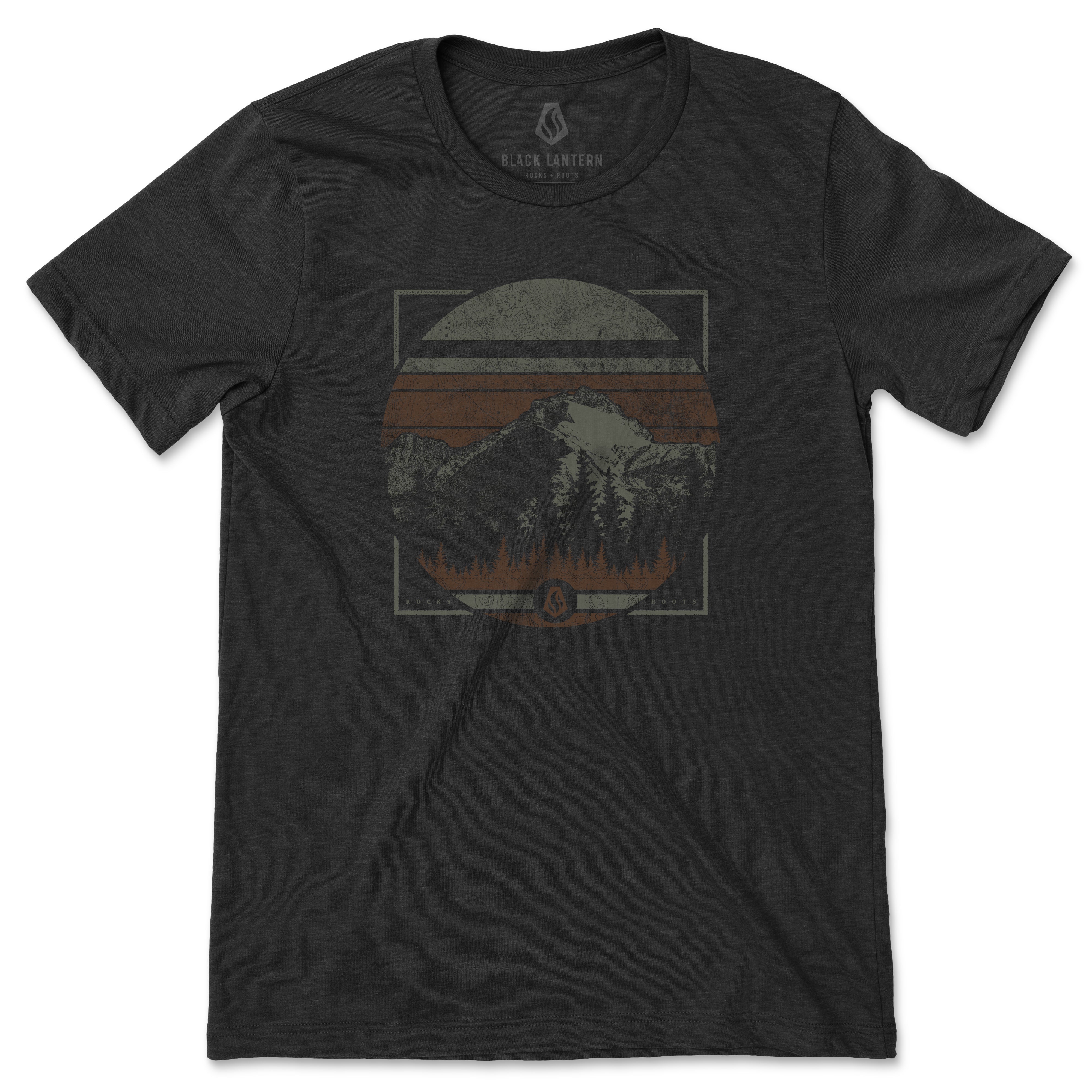 Black t-shirt with a mountain and sunset graphic on a white background