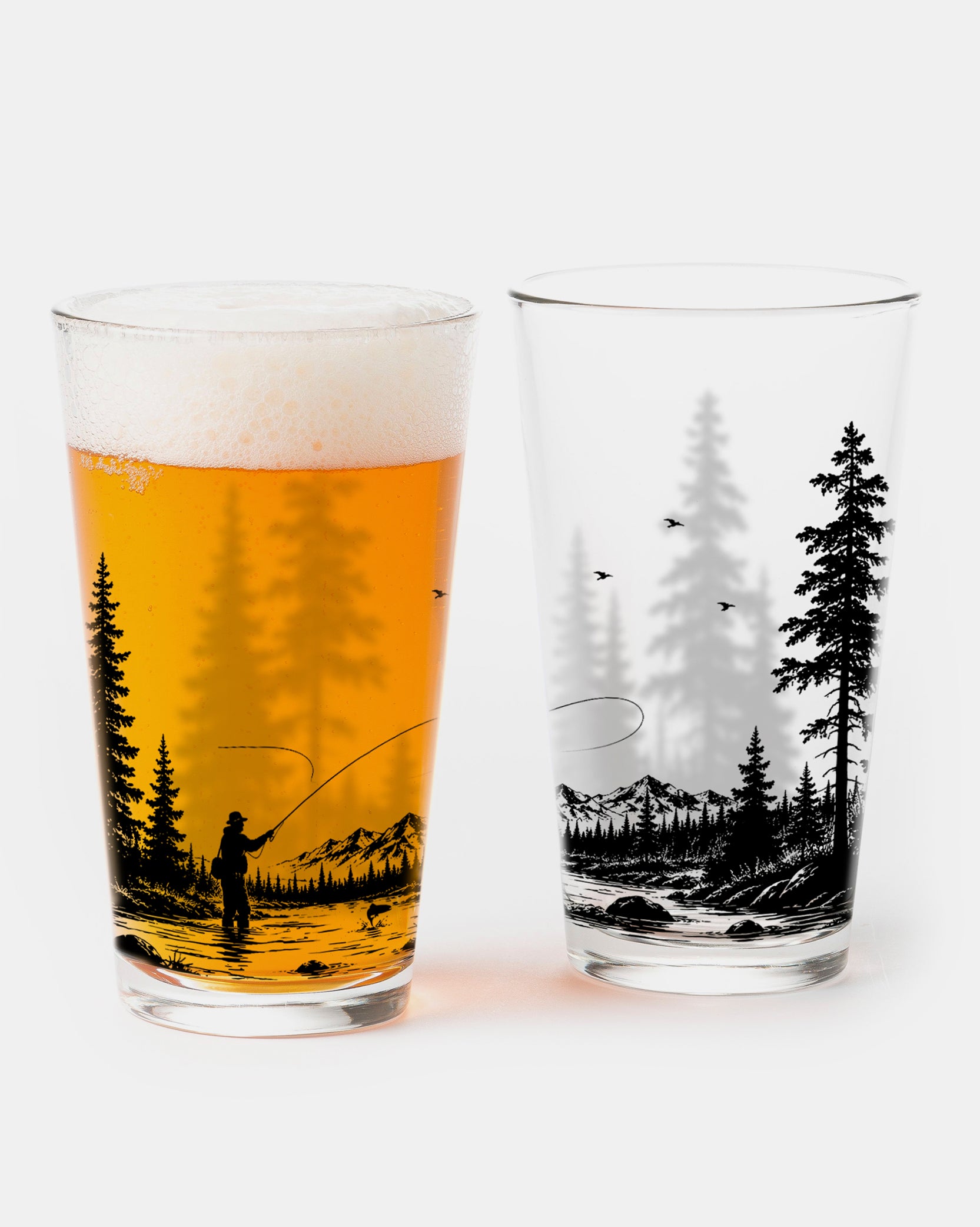 Two glasses with a nature-themed design on a white background