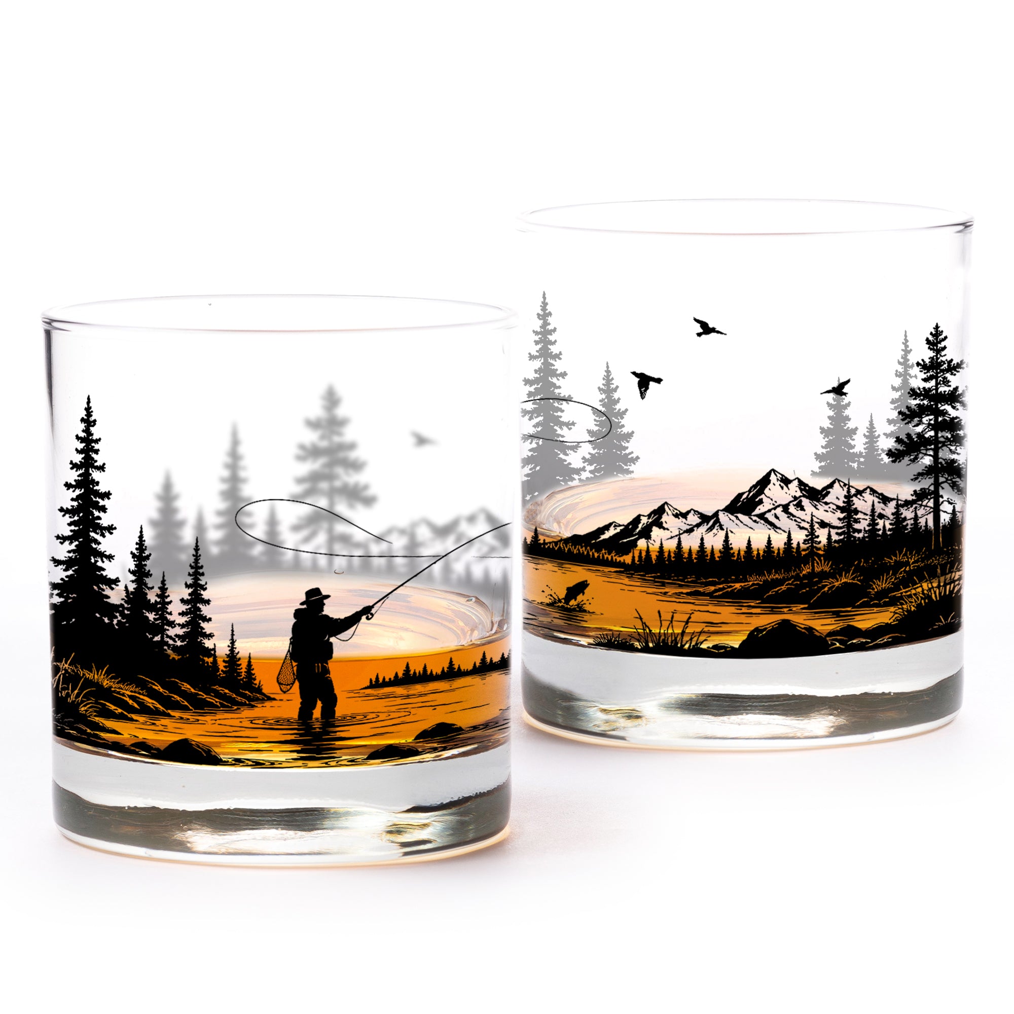 Two glasses with nature-themed designs of a fisherman and landscape.