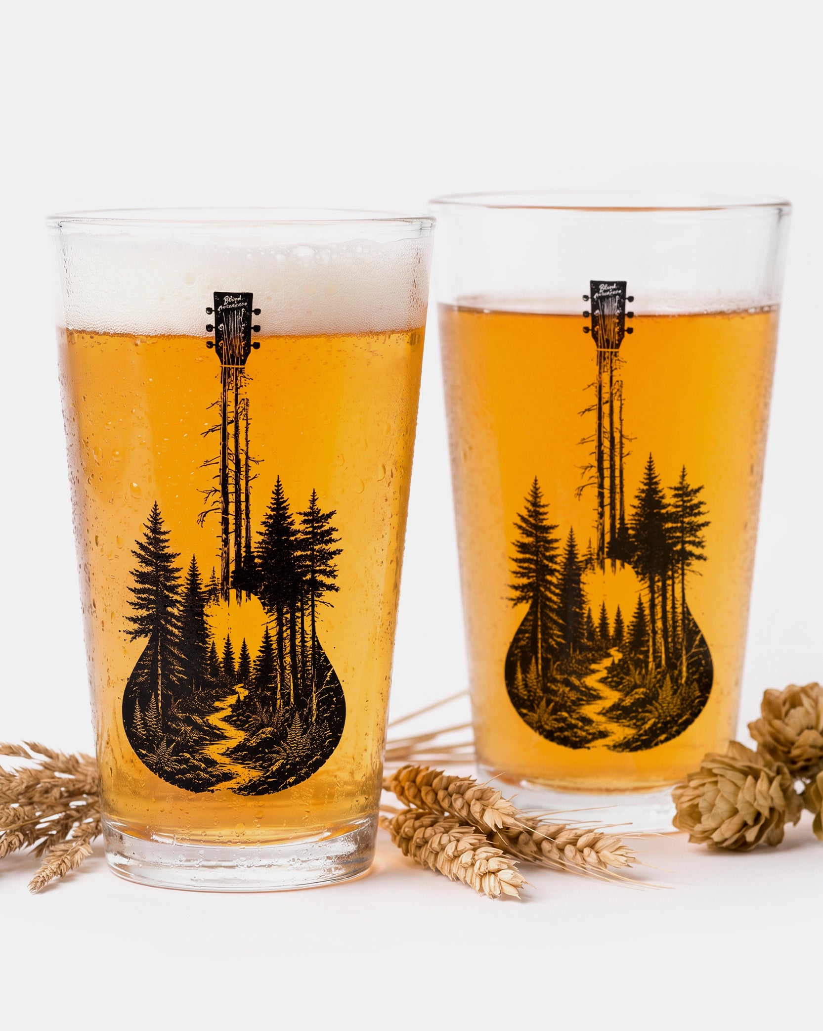 forest guitar screen printed pint glasses with hops and grains lifestyle image