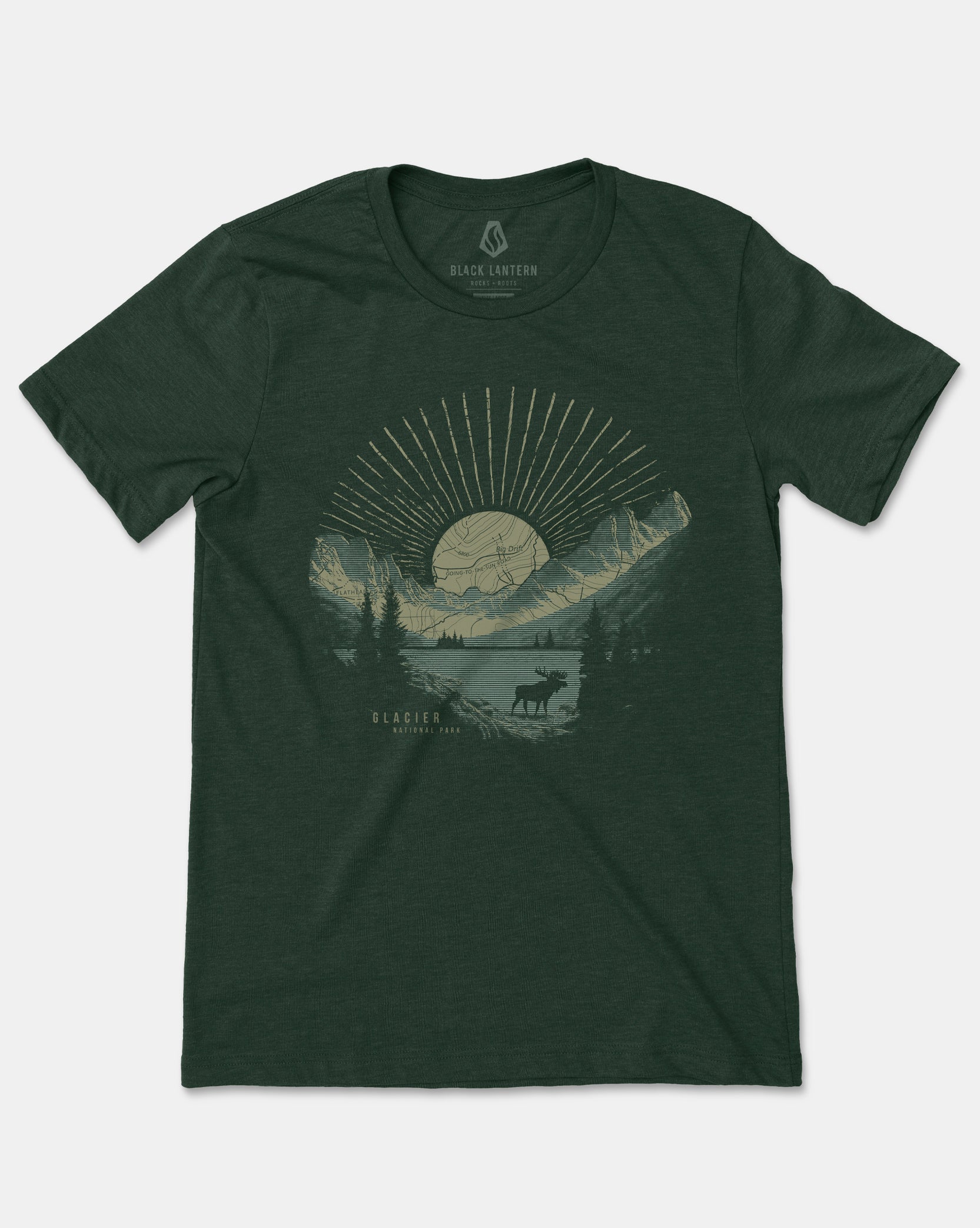Heather Green Glacier National Park Screen Printed Tshirt Flat Lay