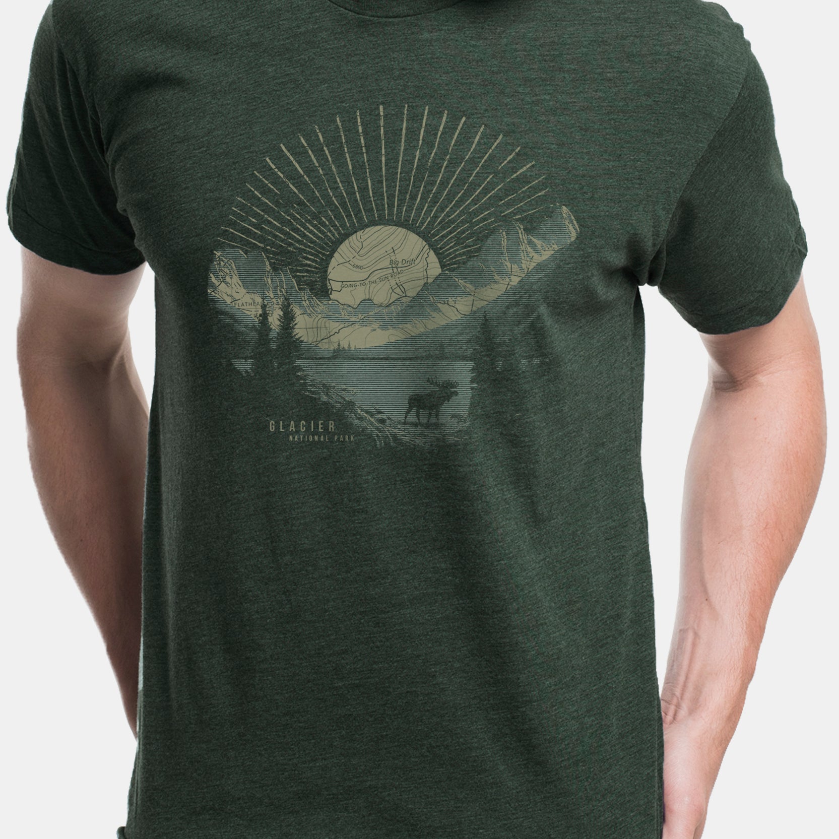Men's Glacier National Park Tshirt printed on heather forest green
