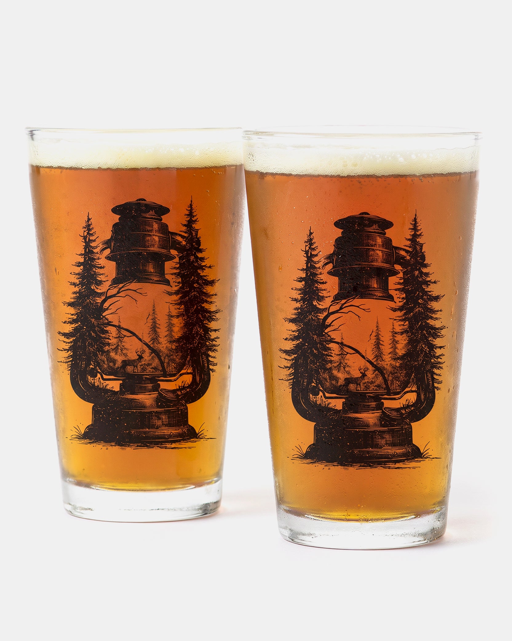 Lantern and Forest Hand Printed Pint Glass Set