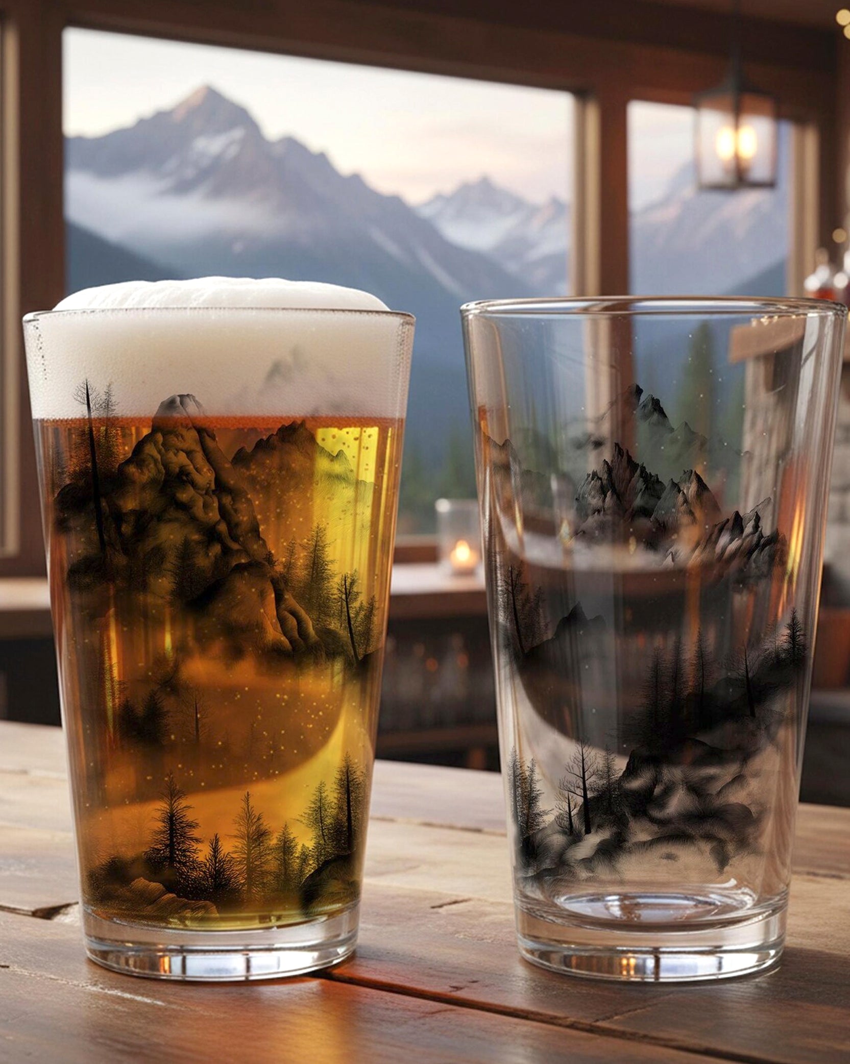 Two glasses with mountain-themed designs on a wooden surface with a scenic background.