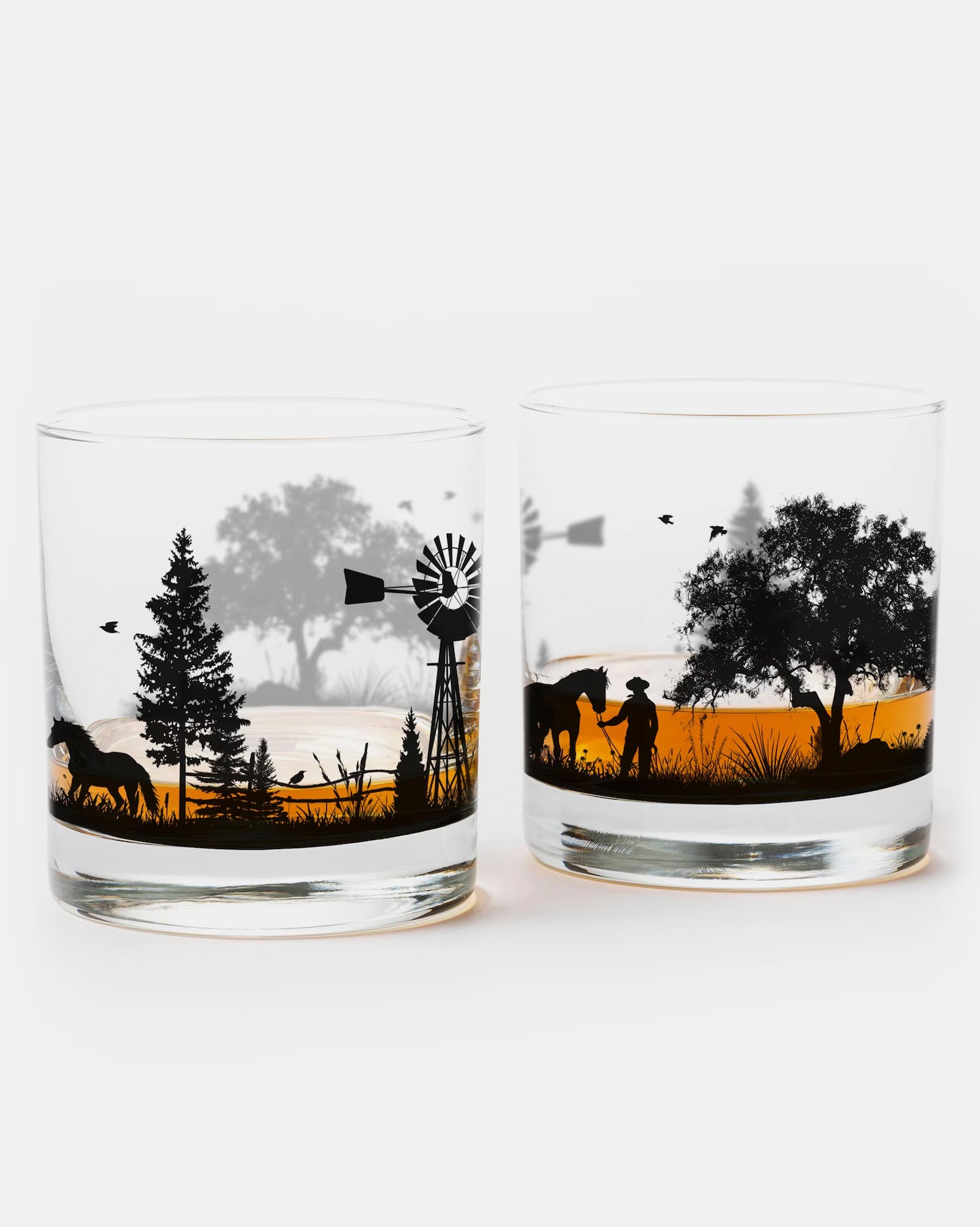 Whiskey Glass Set featuring a western landscape with horses, windmills, cowboy screen printed on the glass
