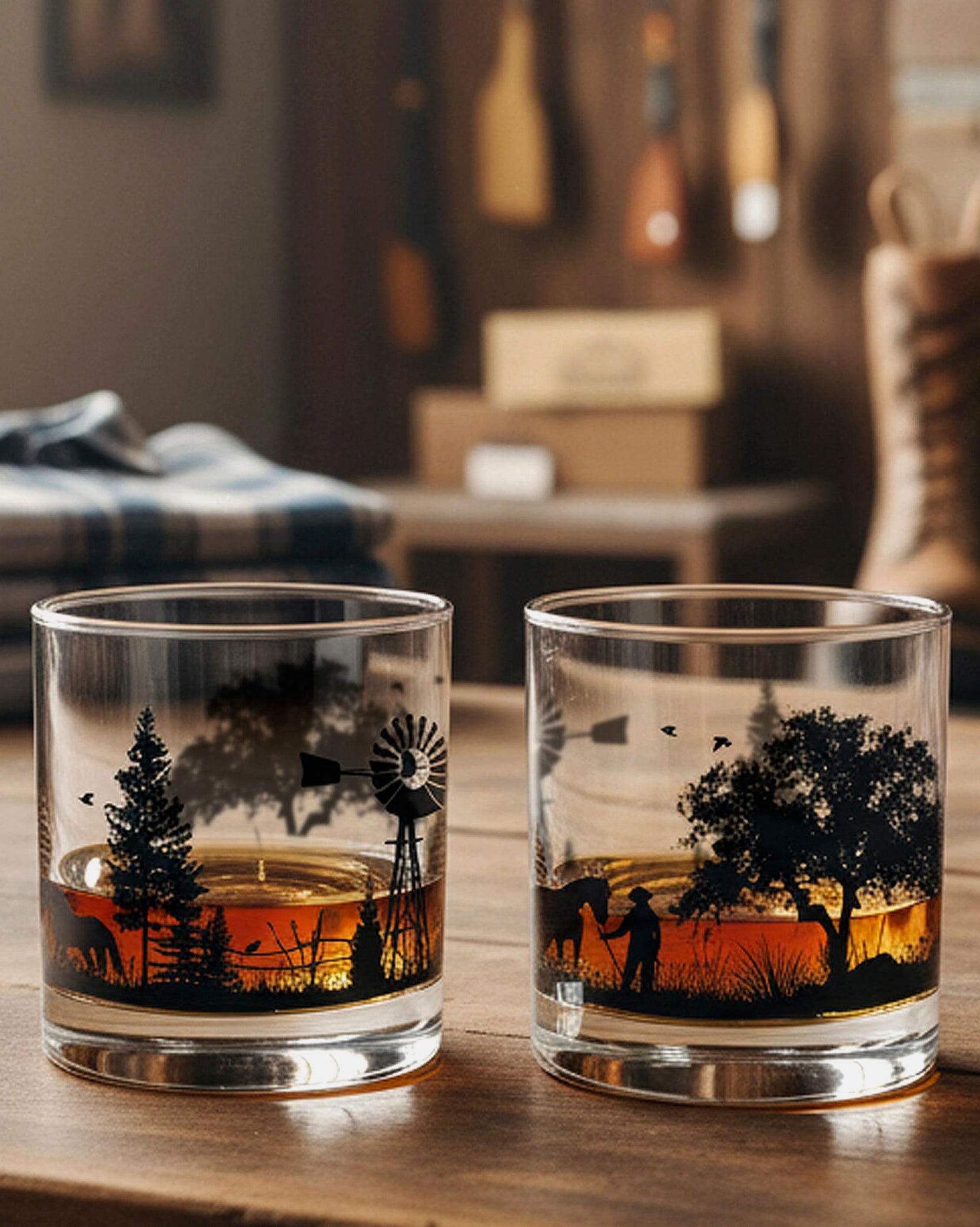 western landscape whiskey glass set lifestyle image in old bar