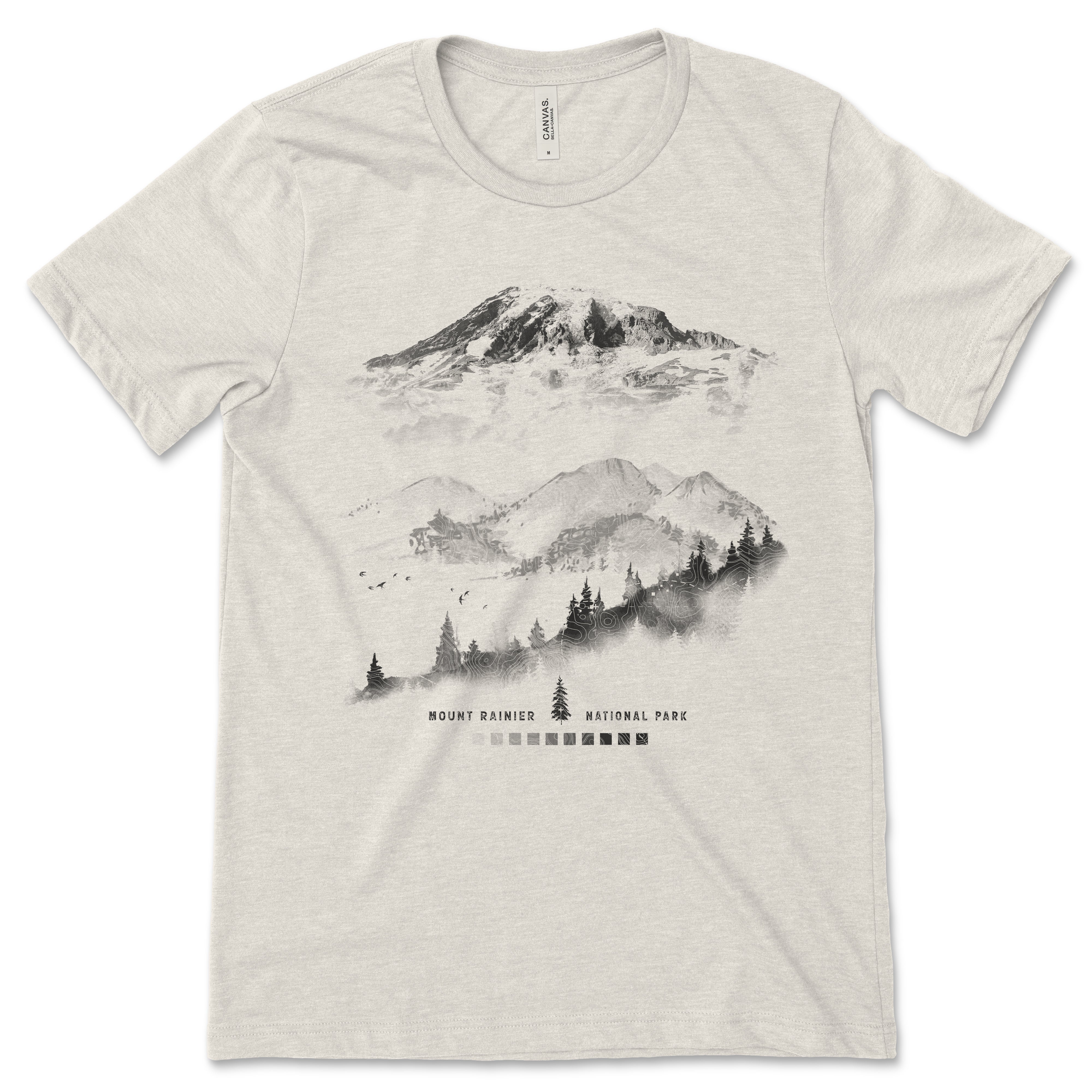 Gray t-shirt with mountain graphic and 'Mount Rainier National Park' text on a white background