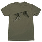 Green t-shirt with mountain graphic on a white background
