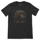 Black t-shirt with a mountain and sunset graphic on a white background