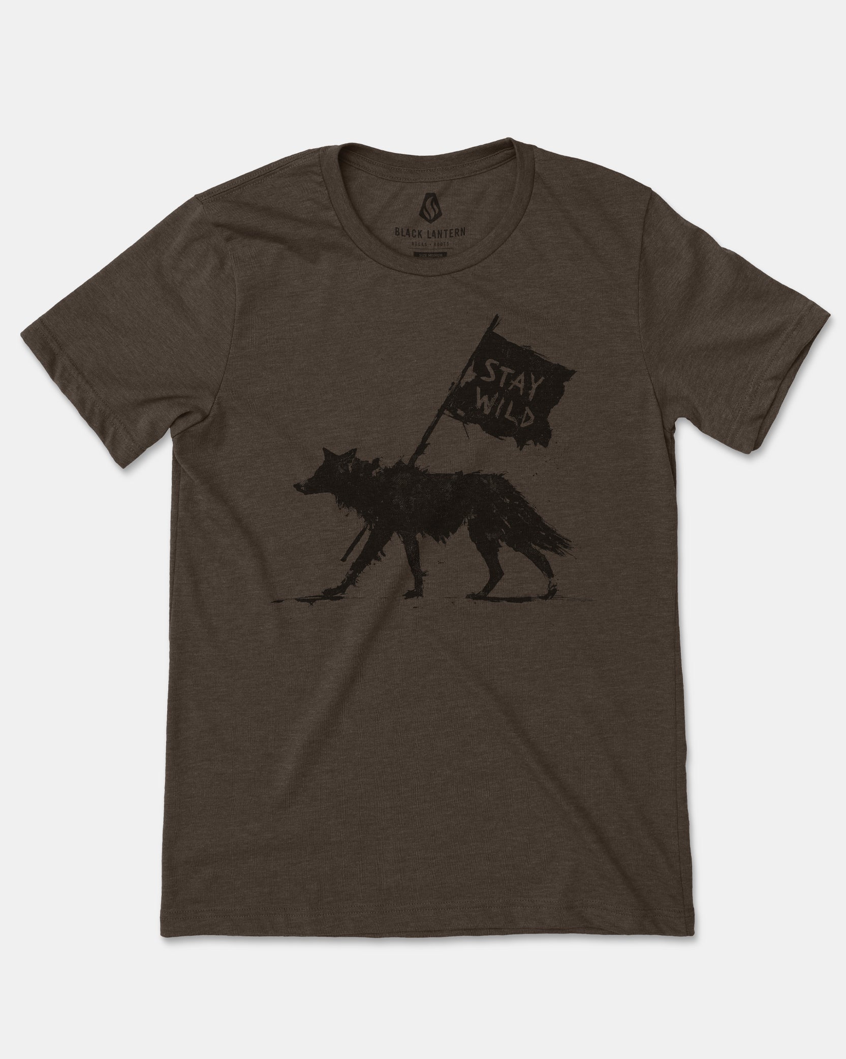 A dark brown heather short-sleeve t-shirt featuring a black graphic of a coyote carrying a 'STAY WILD' flag, displayed flat against a light gray background.