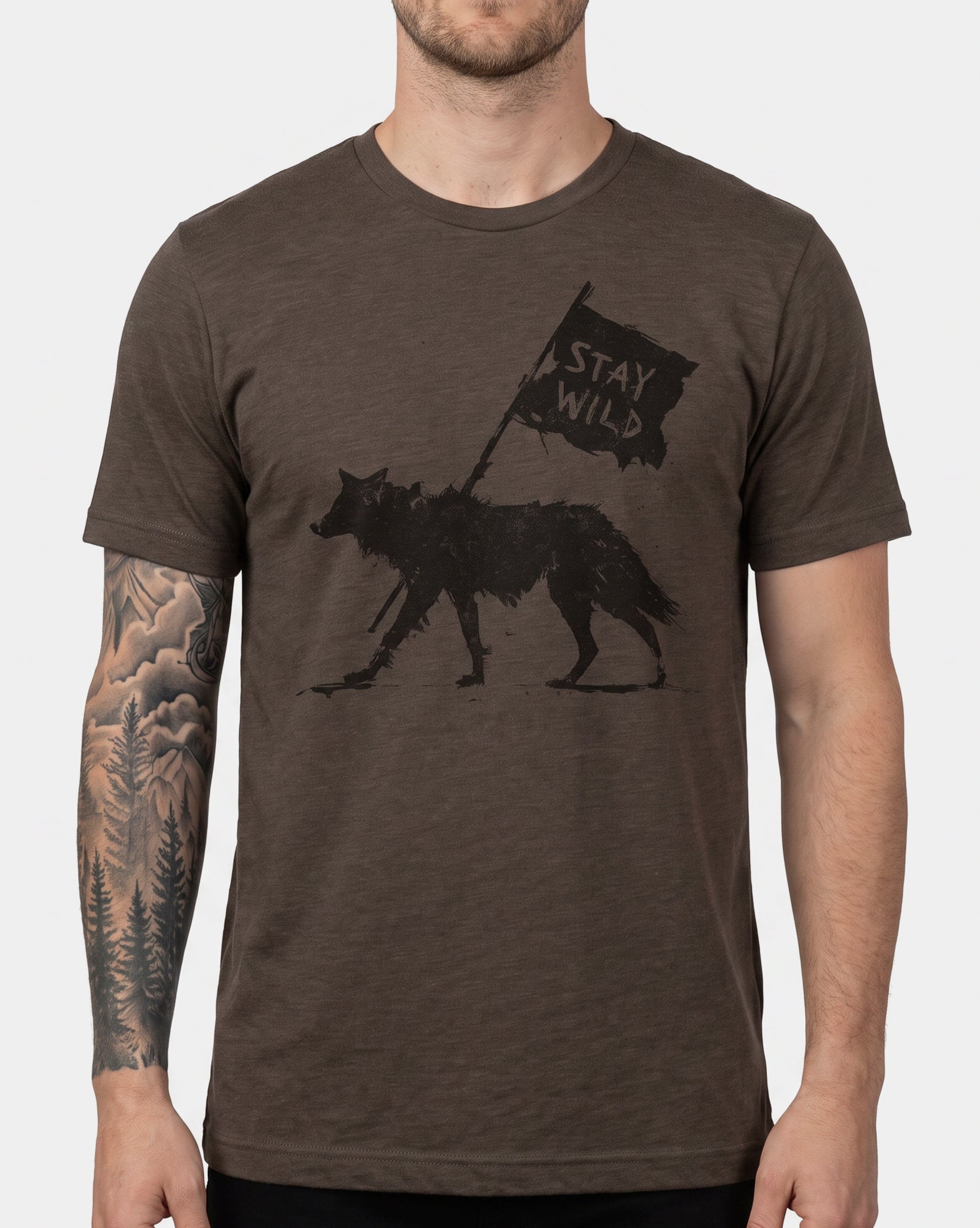 Mens wester coyote stay wild tshirt printed on heather brown shirt with charcoal ink