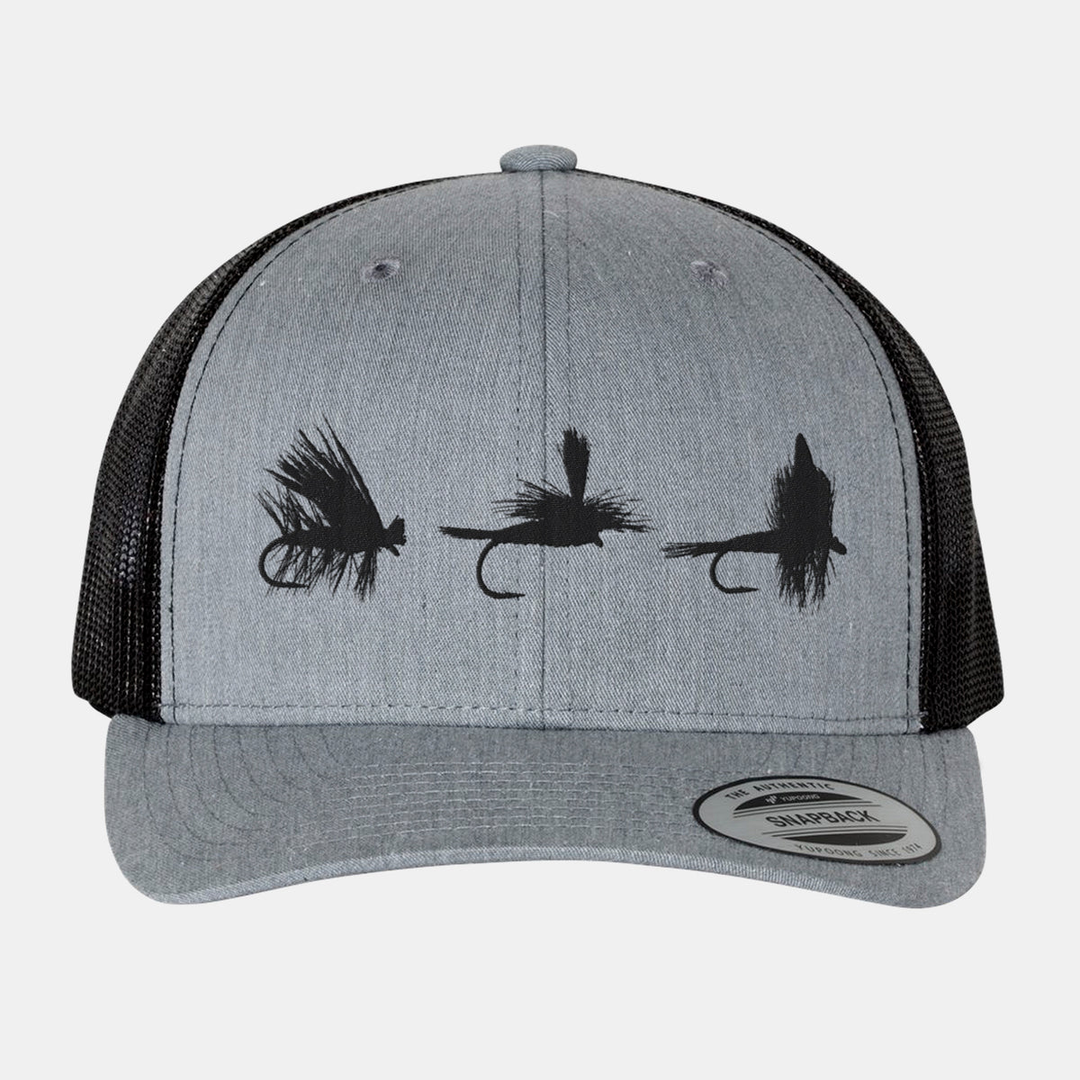 Fly Fishing Flies Heather Grey Trucker Hat | Black Lantern