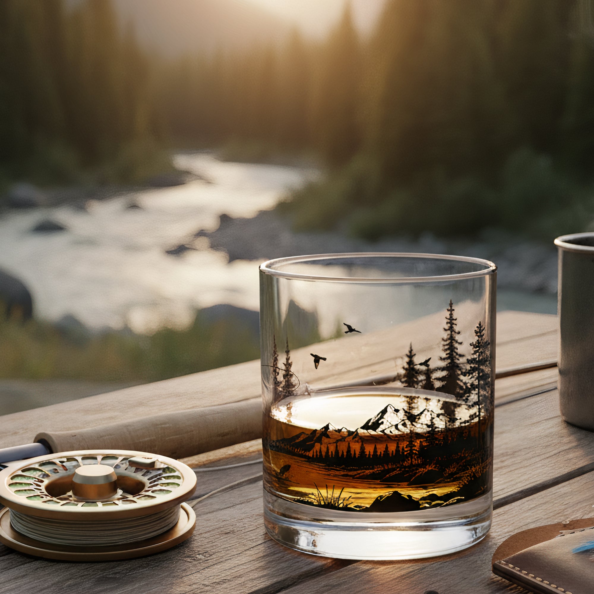 Glass with landscape design on a wooden table by a river