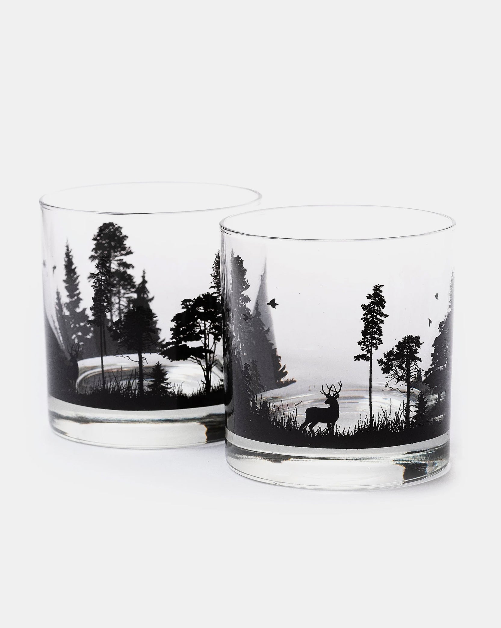 Black Lantern Forest Animals Whiskey Glass — front design with deer and forest scene