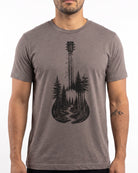 Acoustic guitar and evergreen forest shirt hand screen printed by Black Lantern in Colorado
