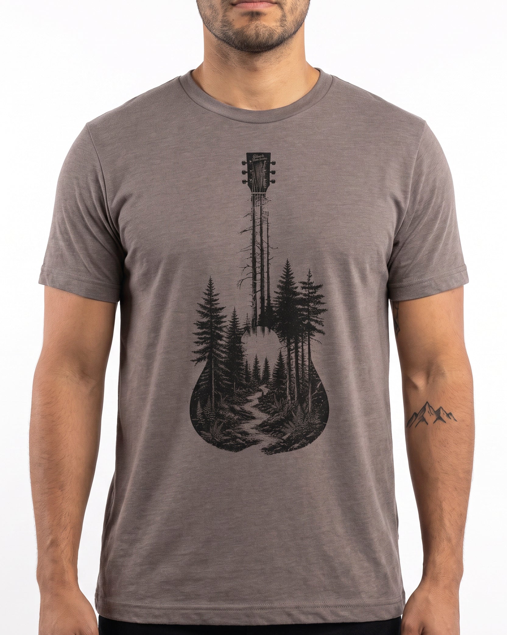 Acoustic guitar and evergreen forest shirt hand screen printed by Black Lantern in Colorado