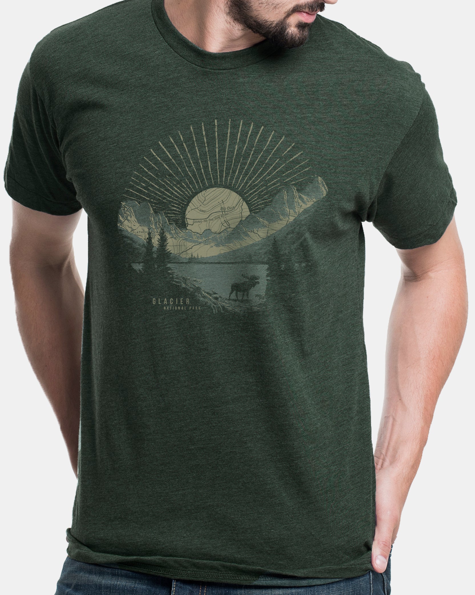 Men's Glacier National Park Tshirt printed on heather forest green