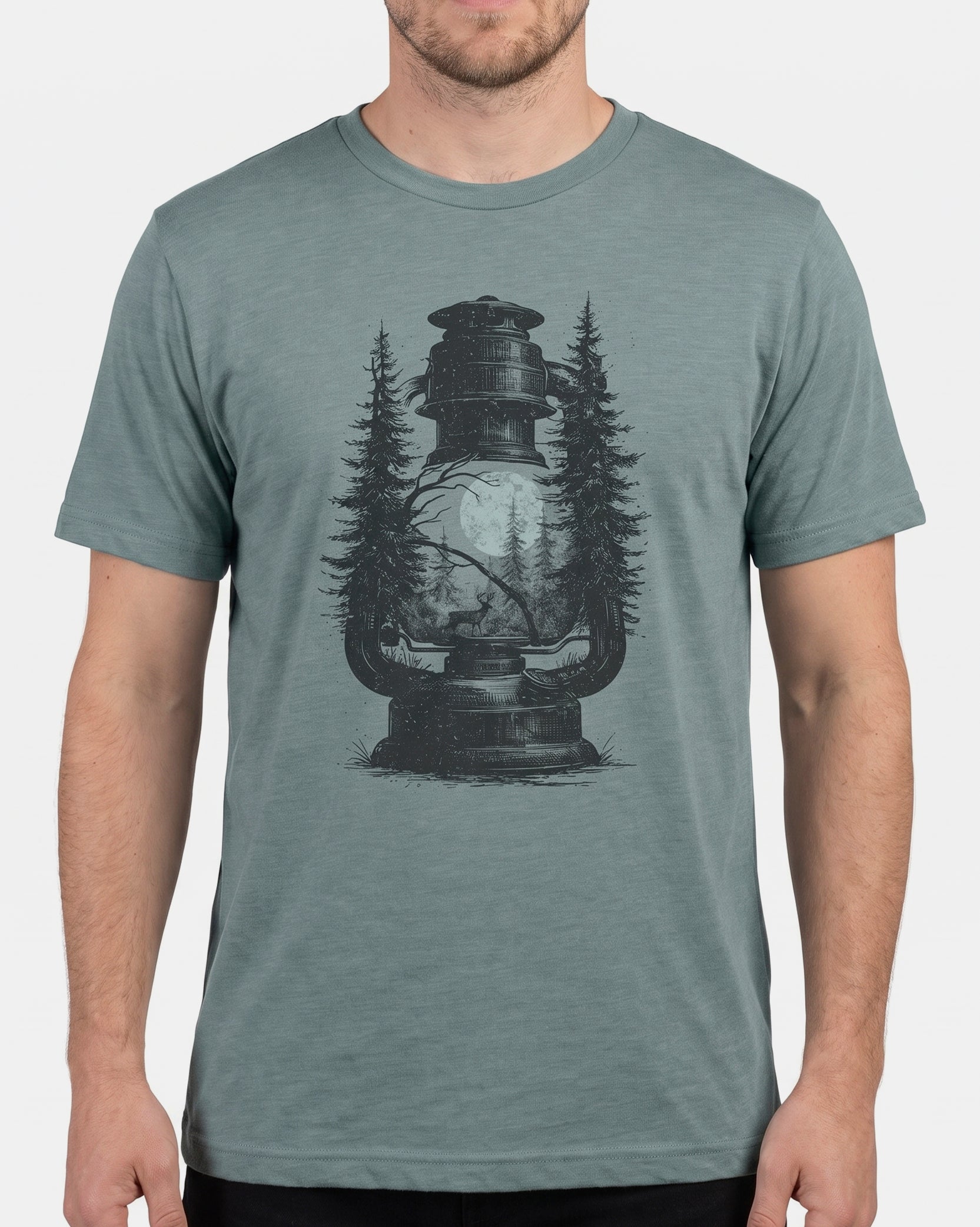 heather storm tshirt with lantern and forest screen print