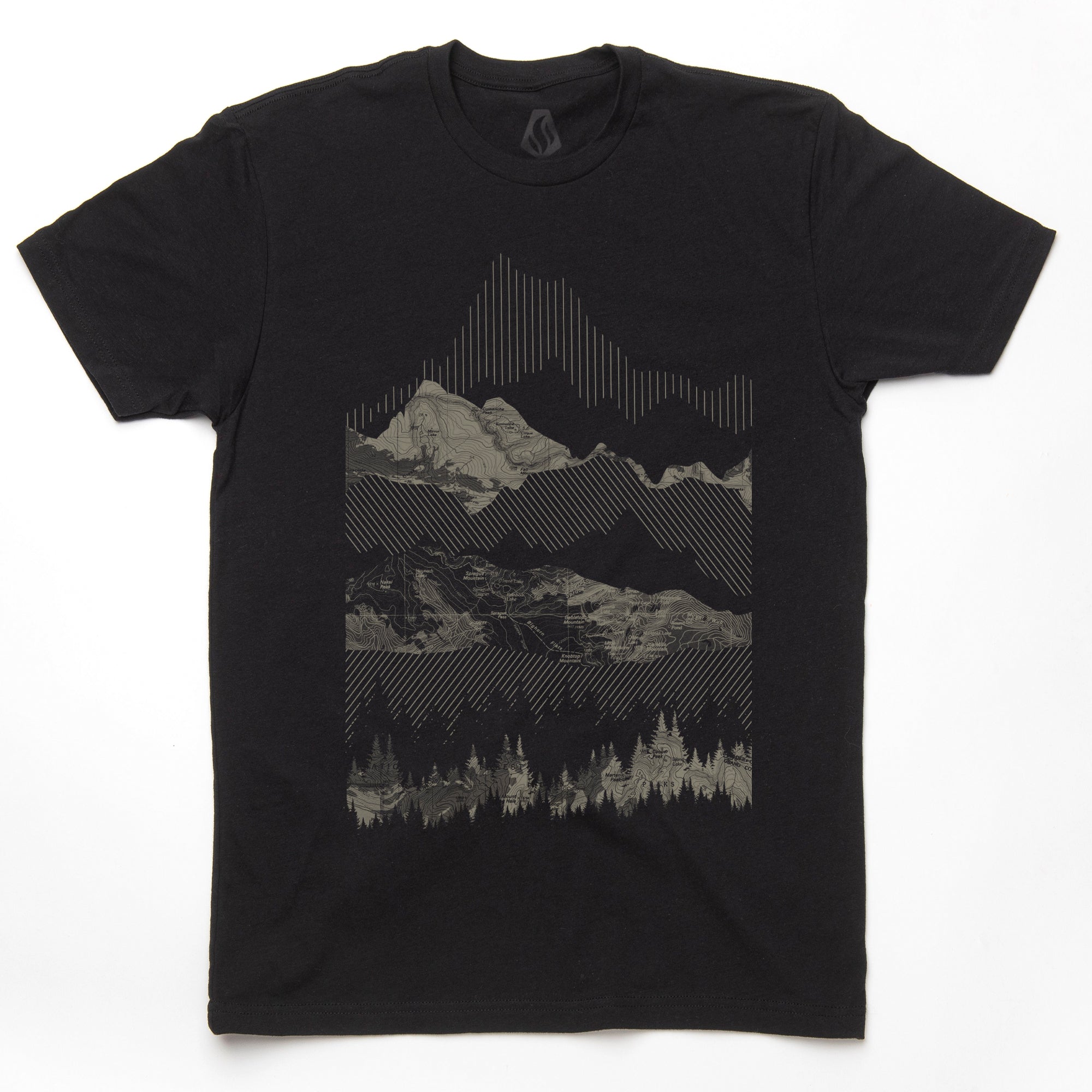Black t-shirt with mountain graphic design on a white background