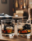 western landscape whiskey glass set lifestyle image in old bar