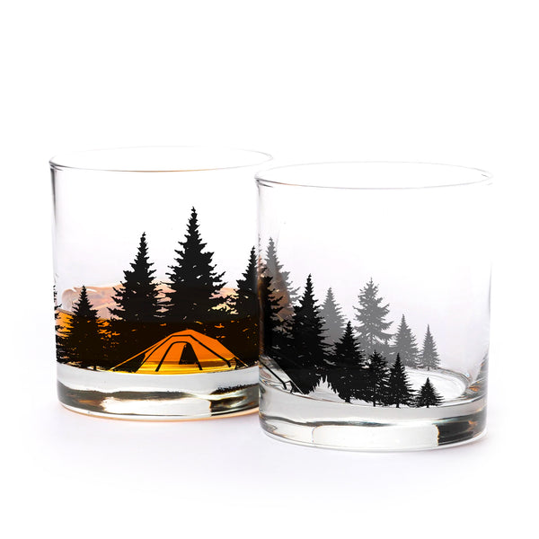 Camping in the woods whiskey glasses